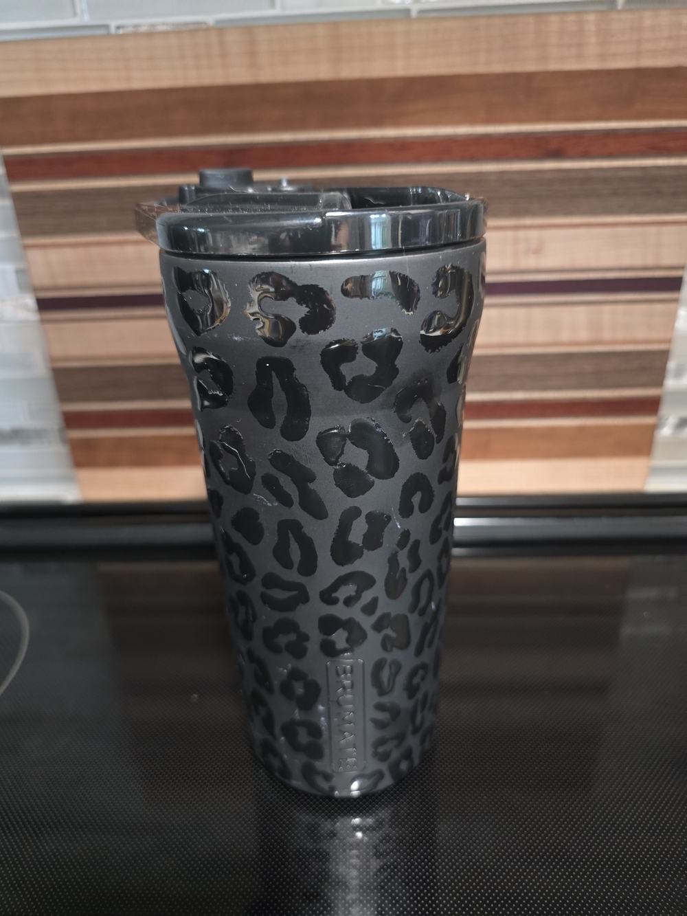 Brumate Black Leopard Print Pour-over Insulated Leak-proof Cup.